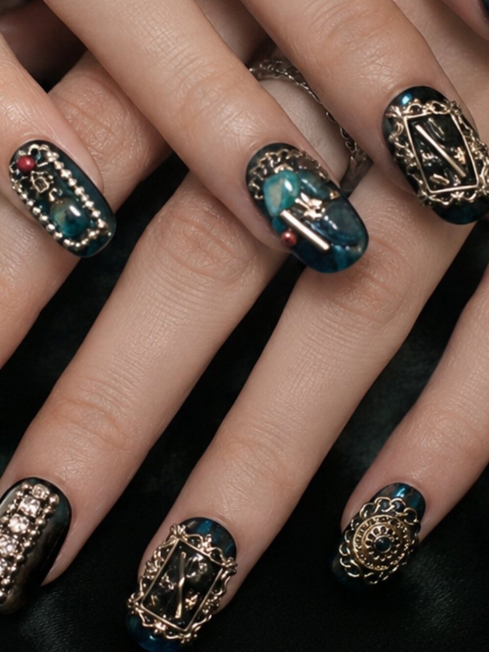 Midnight Emerald Gothic Press-On Nails | Handmade Alternative Nail Art Set